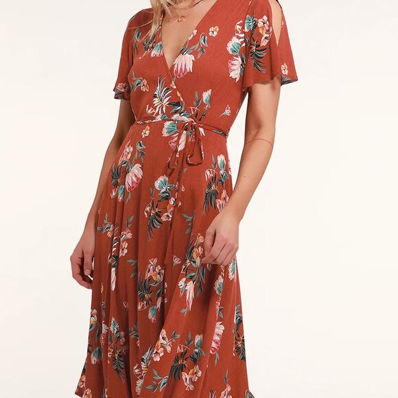Lulus Rust Red Tropical Print Wrap Midi Dress - Picture 3 of 5